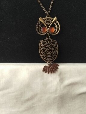 Bronze Owl Pendant Necklace with Amber Color Accent